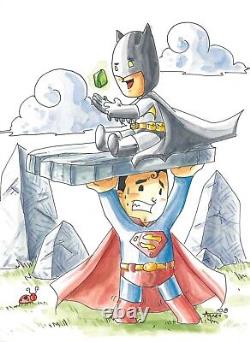 BATMAN and SUPERMAN WHIMSICAL ORIGINAL ART SKETCH COMIC AGNES GARBOWSKA