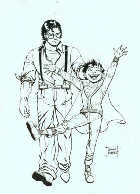 Emma Kubert Signed Original Dc Comics Art Sketch Superman & Super Son
