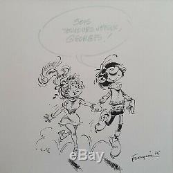Franquin Gaston & Jeanne Dessin Original signé Encre de Chine 1975 + dédicace