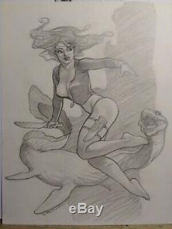 Mark Schultz Original Drawing Underwater Girl withDinosaur