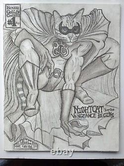 Original Charcoal Drawing Super Hero Cat Mock Comic Art 11X 14 Canvas Board