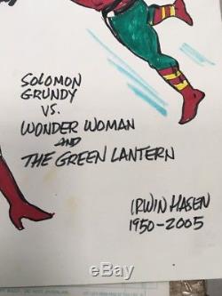 Original Color Art Sketch Irwin Hasen DC Comics Wonder Woman Green Lantern RARE