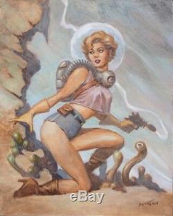 Original Dan Morton Oil Painting Retro Rocket Sci Fi Space Girl Robot Comic Art