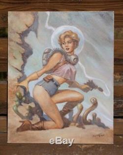 Original Dan Morton Oil Painting Retro Rocket Sci Fi Space Girl Robot Comic Art