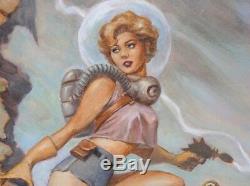 Original Dan Morton Oil Painting Retro Rocket Sci Fi Space Girl Robot Comic Art