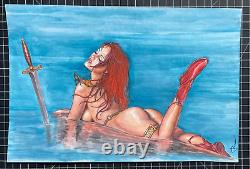 Original Signed Ren Red Sonja Watercolor Commission 10x15 2012