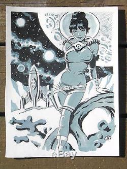 Original Space Girl Sci Fi Ufo Comic Art Illustration Painting Fantasy Pinup