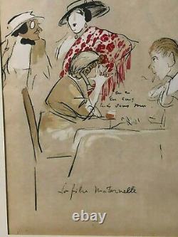 Rare Original Antique French Comic Illustration Art Painting Maternal Instinct