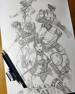 X-men (11x17) + Psylocke sketch, original comic art by Rodrigo Roger
